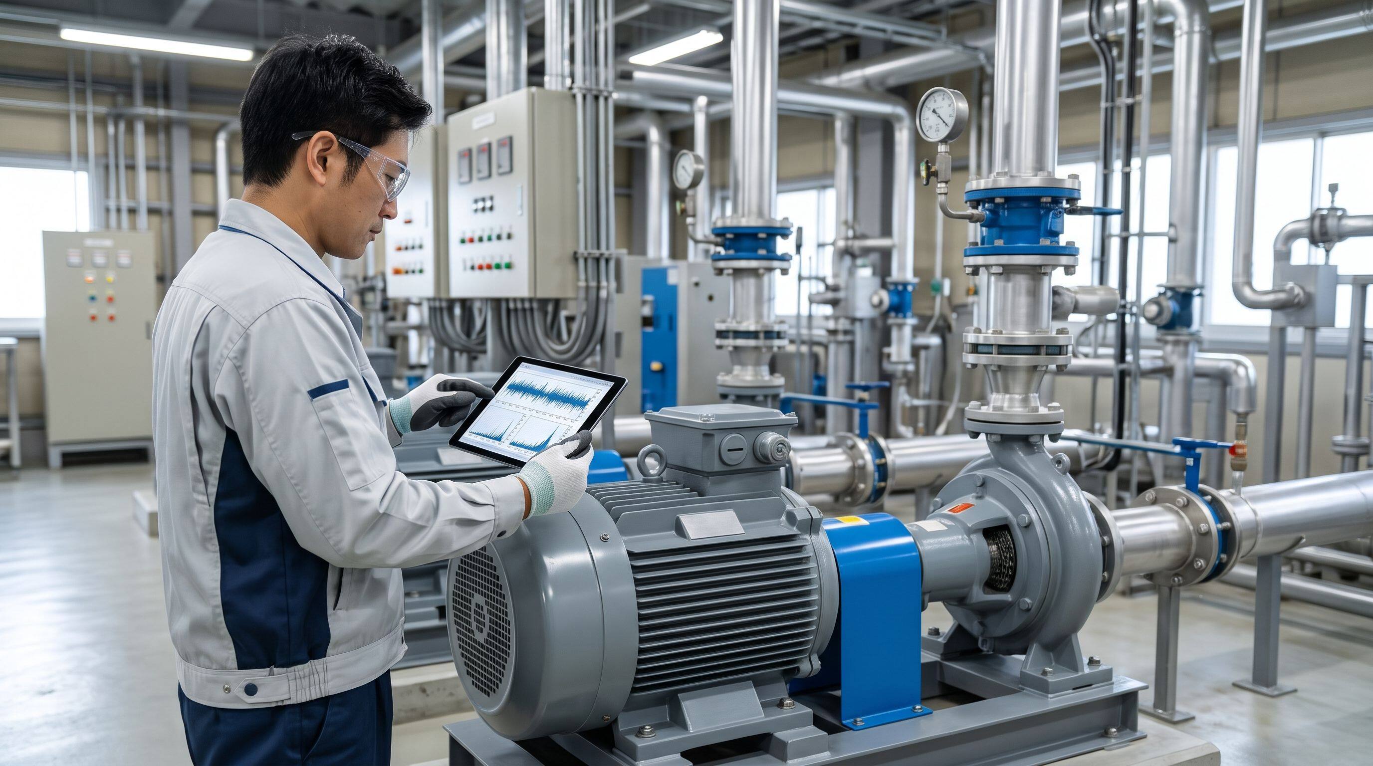 Technician checking an FFT analysis screen on a mobile device in a factory