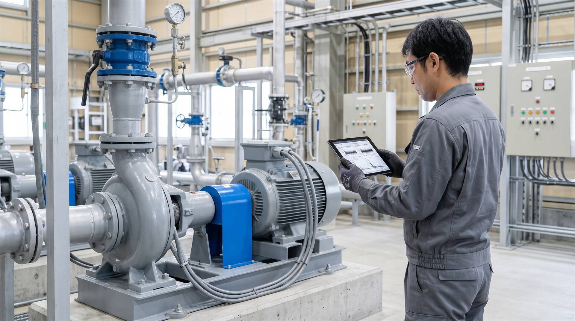 Technician checking vibration data on a tablet in a factory