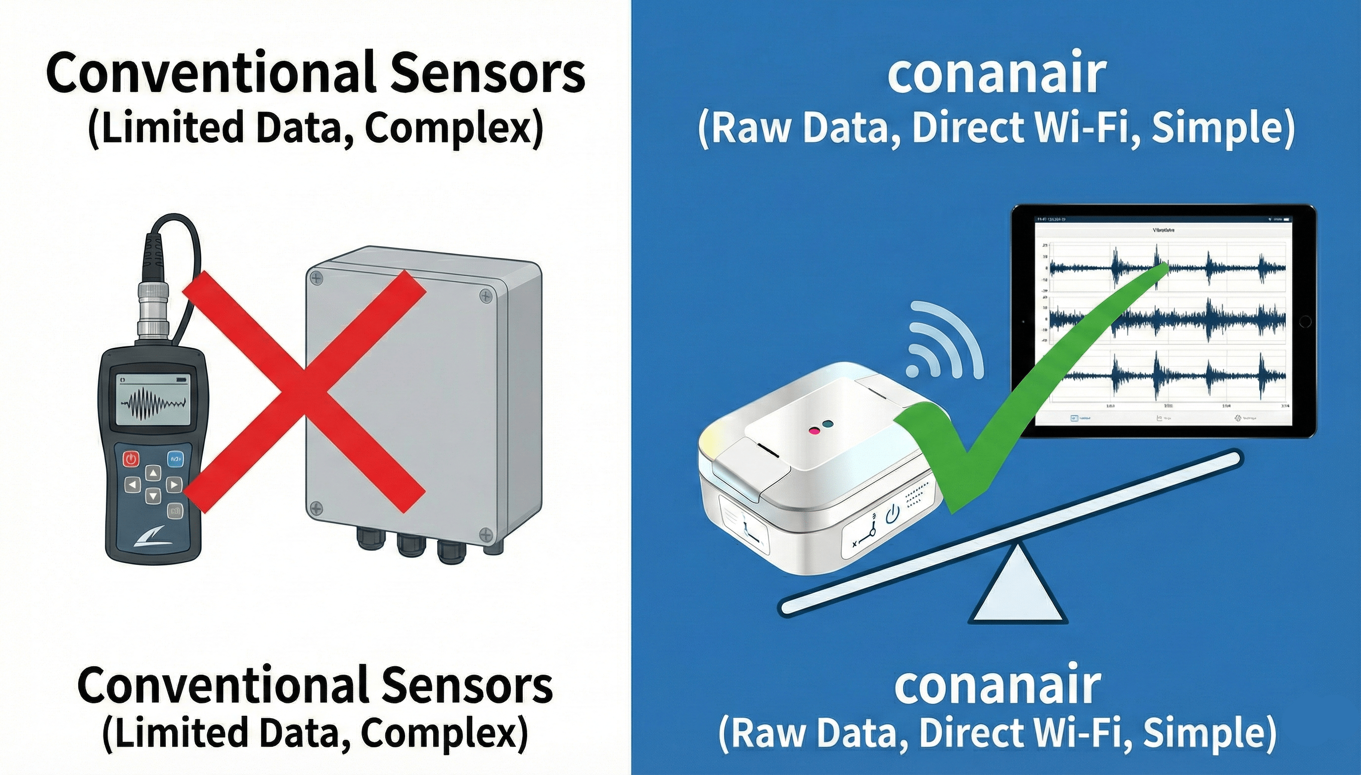 Infographic comparing conventional handheld vibrometers and complex wireless sensors versus Conanair (Direct Wi-Fi, Raw Data). A balance scale and checkmark indicate Conanair is the preferred choice for its features and simplicity.