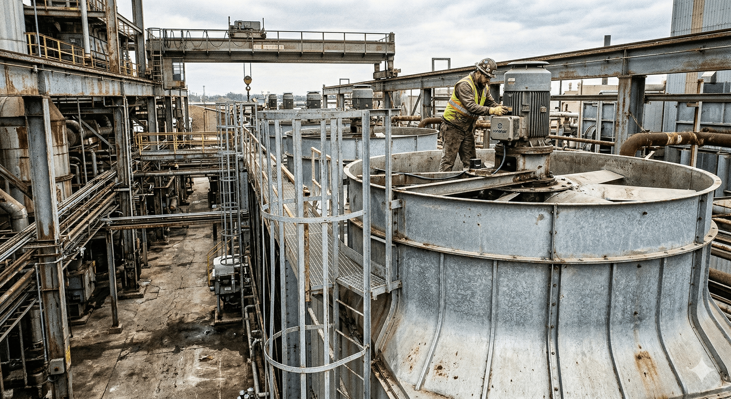 Working scene of retrofitting the fully wireless vibration sensor conanair to a motor in a high place on a cooling tower where wiring a wired sensor is difficult