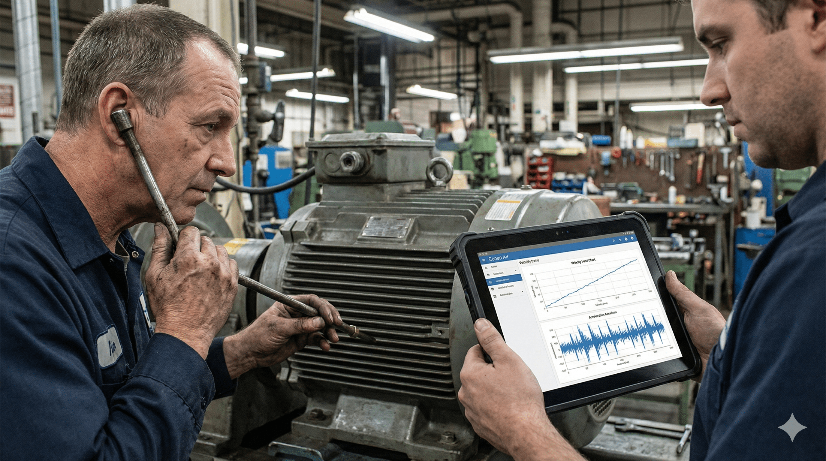 Maintenance personnel combining analog inspection with a listening stick and digital vibration data monitoring on a tablet