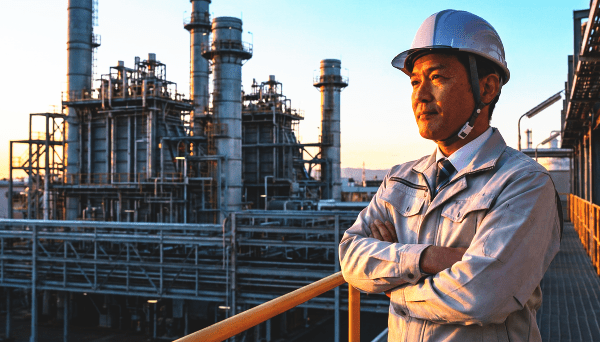 Portrait of a dedicated field engineer standing in an industrial plant at sunset, representing the development philosophy of conanair.