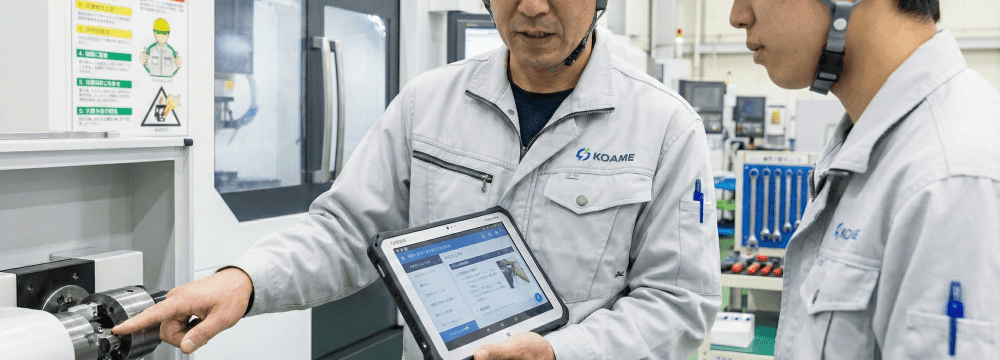 Engineer performing equipment inspection while checking Conanair's digital manual on a smartphone