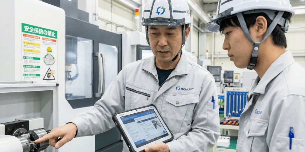 Engineer performing equipment inspection while checking Conanair's digital manual on a smartphone