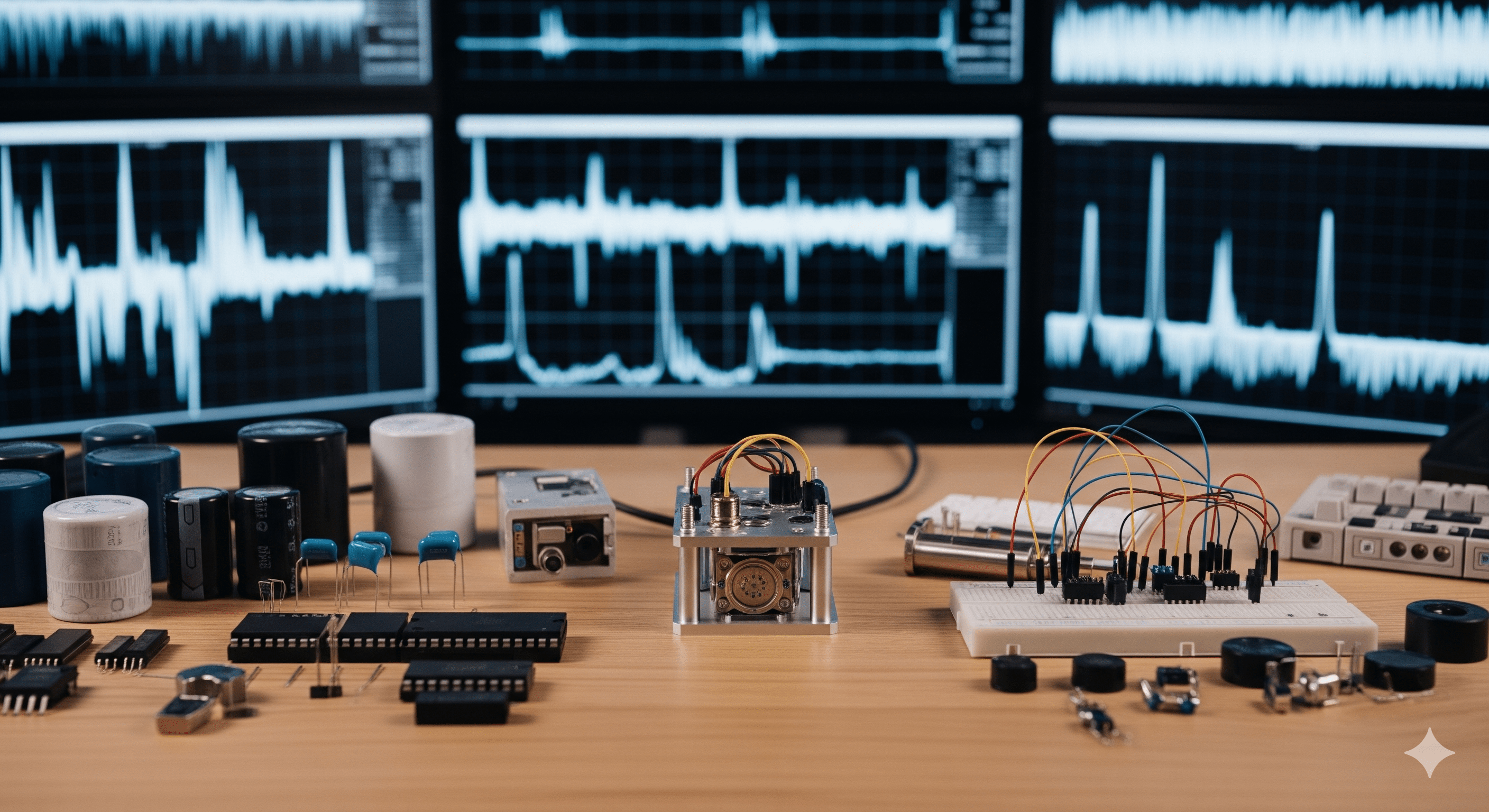 An engineer's desk with electronic components and vibration sensor prototypes. Blue raw waveform data measured by an oscilloscope is displayed in the background.