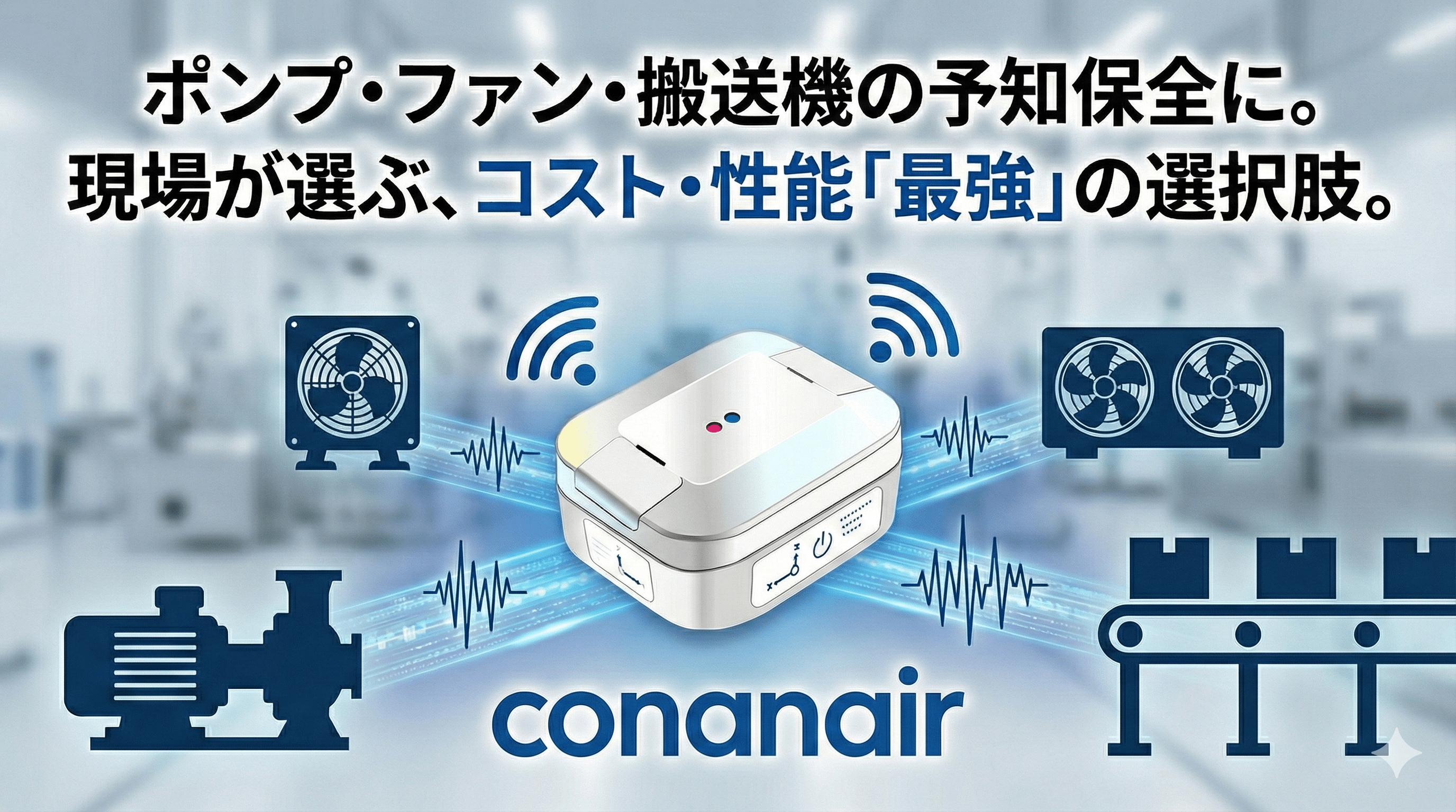 ポンプ、ファン、搬送機の予知保全におけるコストと性能の「最強」の選択肢として、コナンエアー（conanair）が様々な産業機器とWi-Fiで連携している様子を示すイメージ画像。