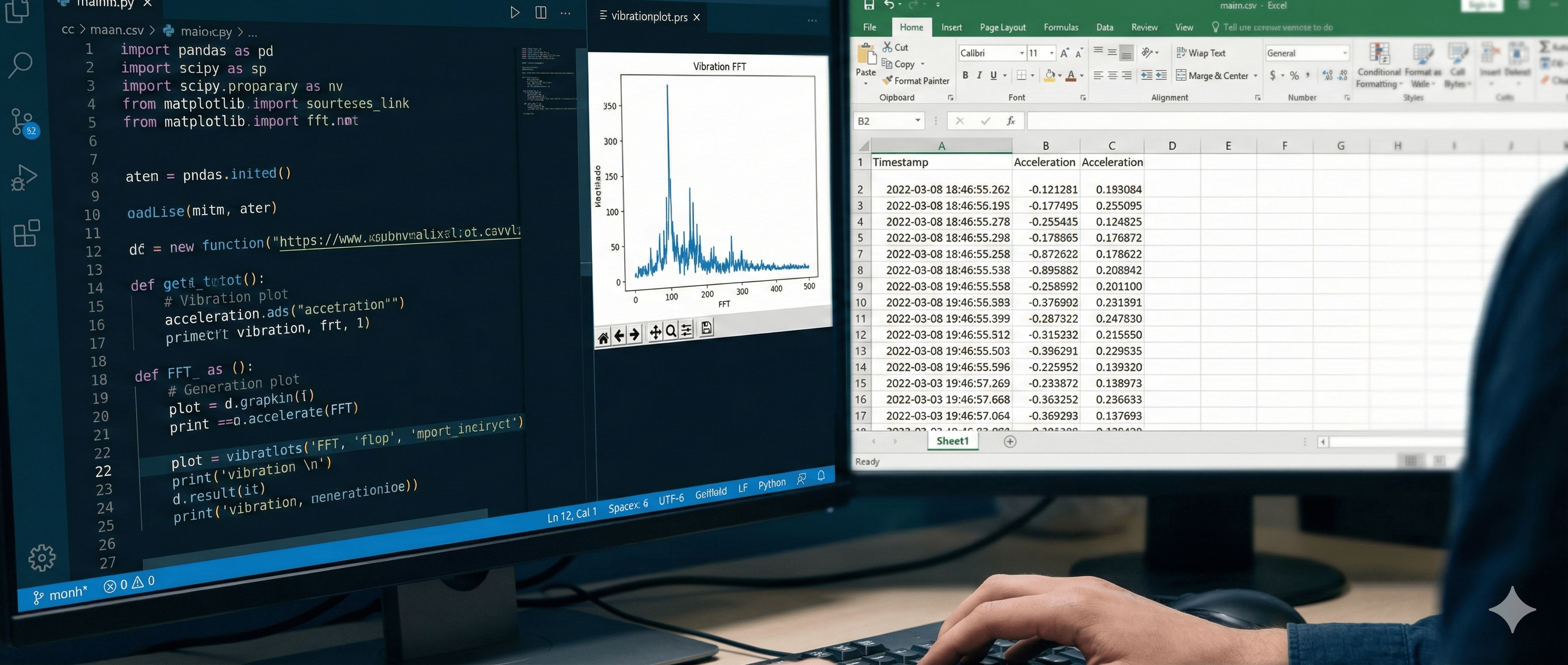 PCモニター画面に、振動データを処理するPythonのコード、FFT波形グラフ、ExcelのCSVデータが表示されているエンジニアのデスク環境