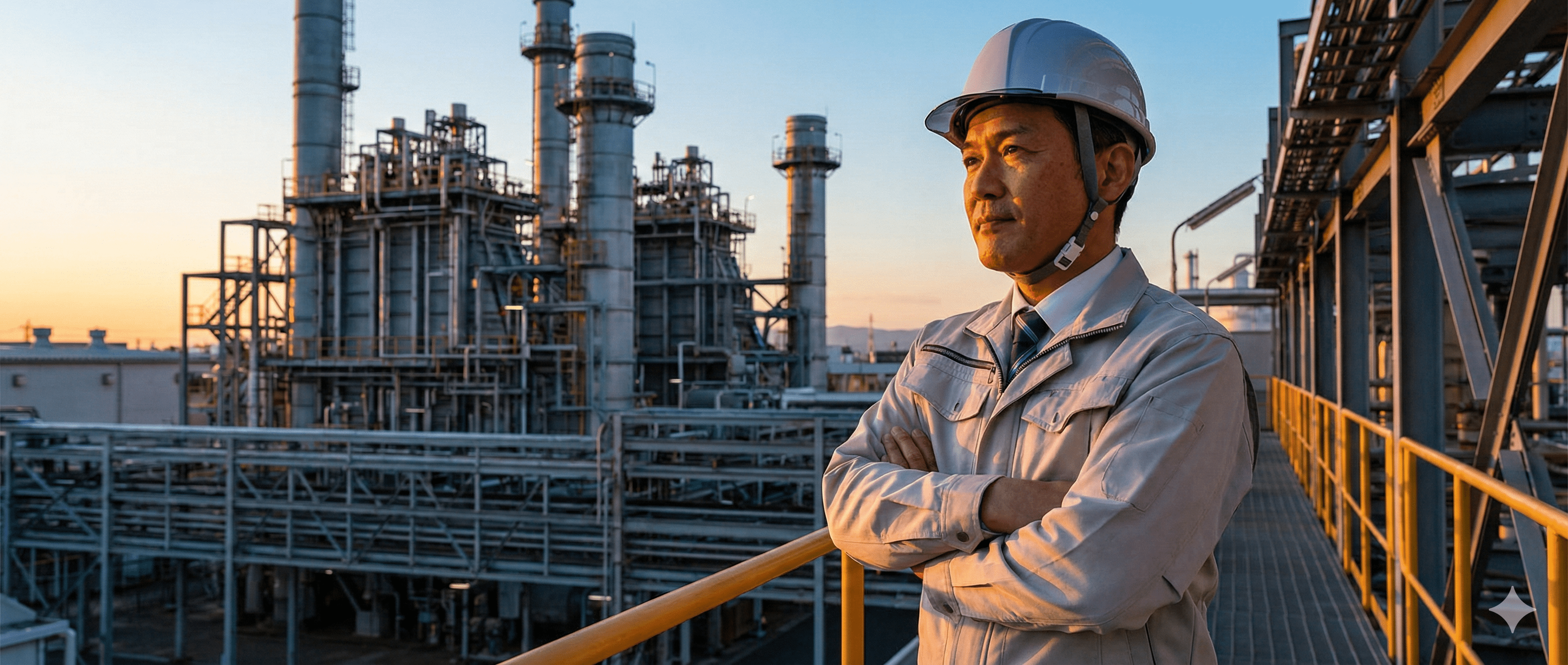 夕暮れの工業プラントを背景に、ヘルメットと作業着姿で腕を組み、真剣な眼差しで遠くを見つめる日本人エンジニア（開発者）のポートレート